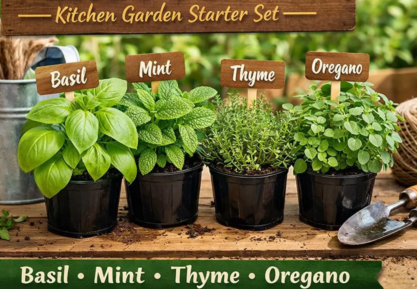 4-Pack Live Herb Plants Seeds – Kitchen Garden Starter Set – Basil, Mint, Thyme & Oregano
